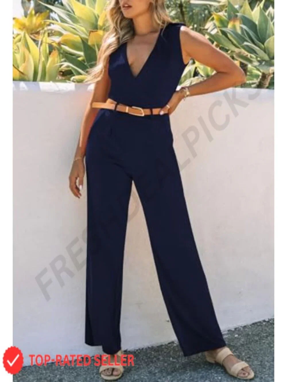 Women's Wide Leg Jumpsuit V-Neck Sleeveless Romper with Pockets & Belt